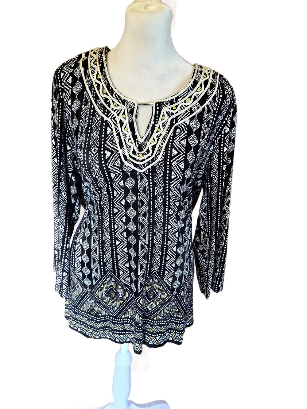 Ruby Rd. Black & White Patterned Long Sleeve Tunic with Embellished Neckline